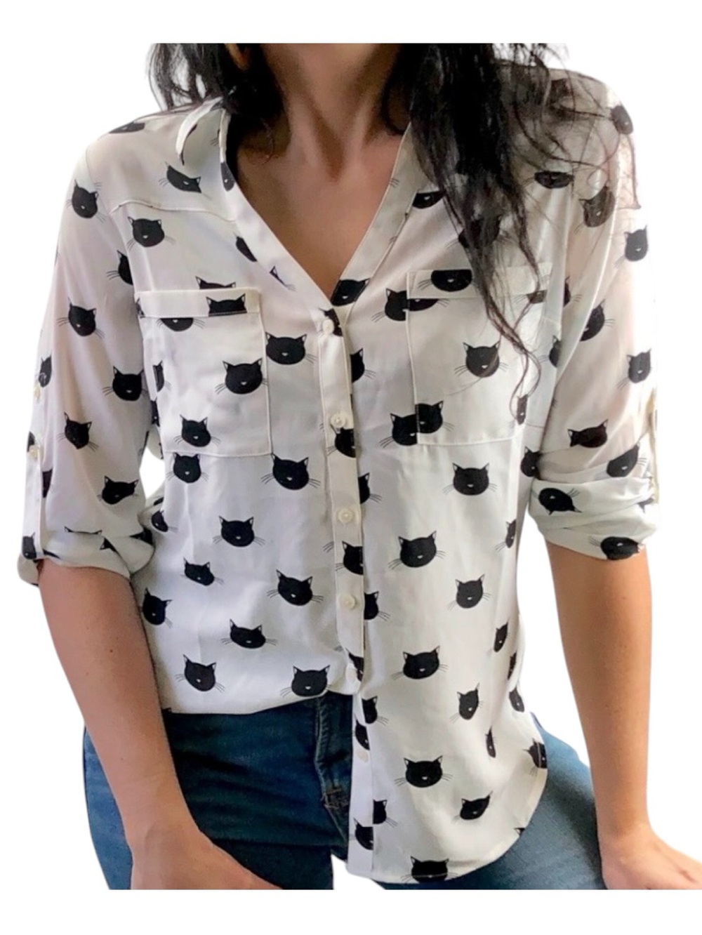Express Portofino button up tab sleeve cat blouse